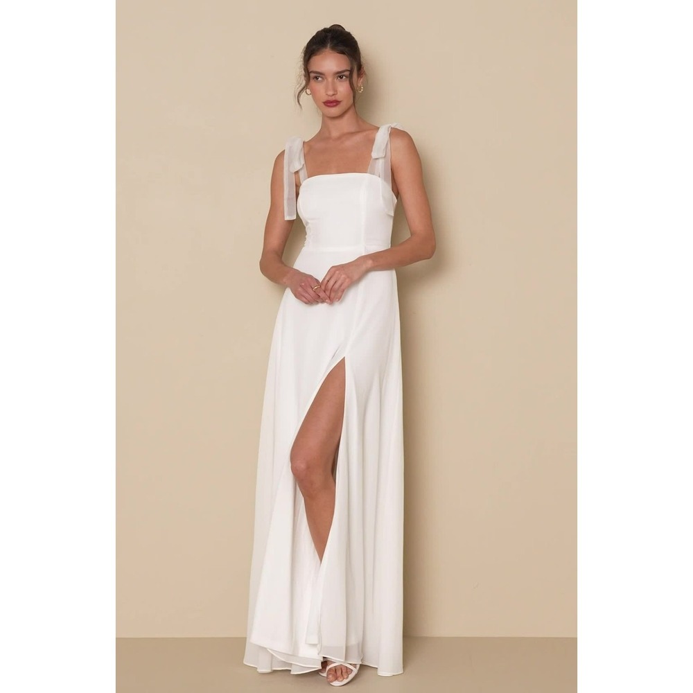 Lulus Radiant Romance White Tie-Strap Maxi Sheer Overlay Dress Women's SZ L‎